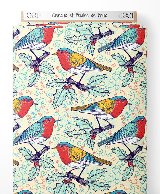 Tissu - Oiseaux et feuilles de houx