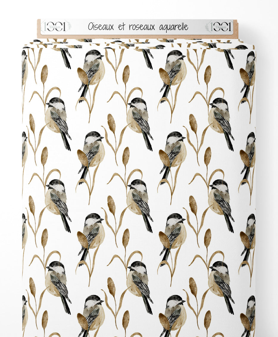 Tissu - Oiseaux et roseaux aquarelle