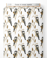 Tissu - Oiseaux et roseaux aquarelle