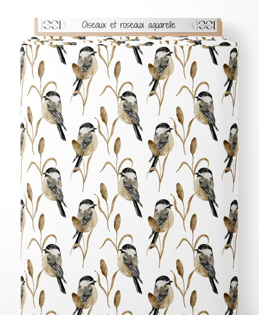 Tissu - Oiseaux et roseaux aquarelle