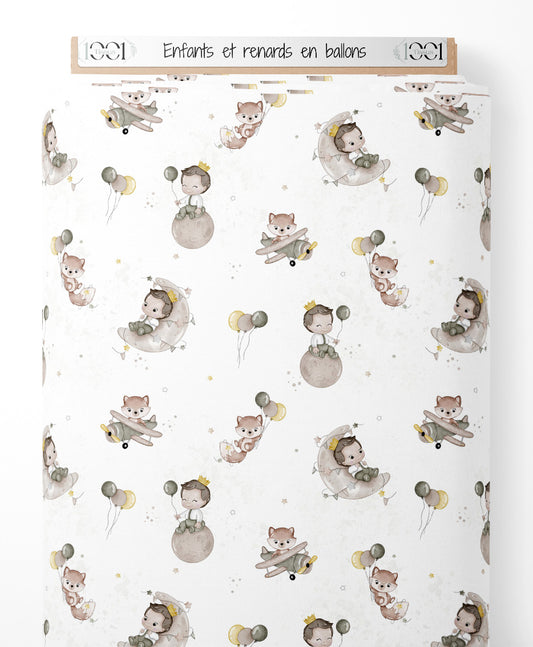 Tissu - Enfants et renards en ballons