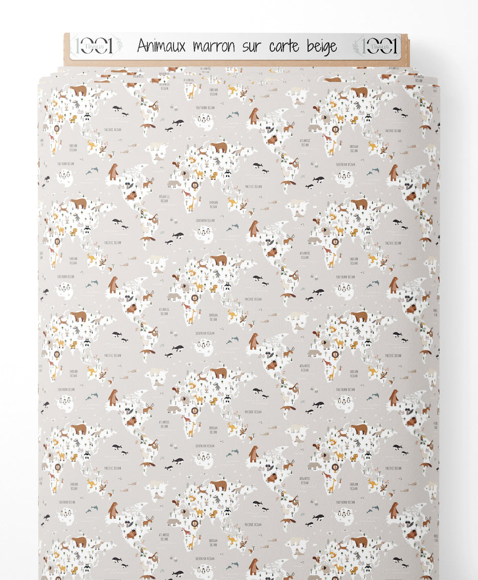 Tissu - Animaux marron sur carte beige