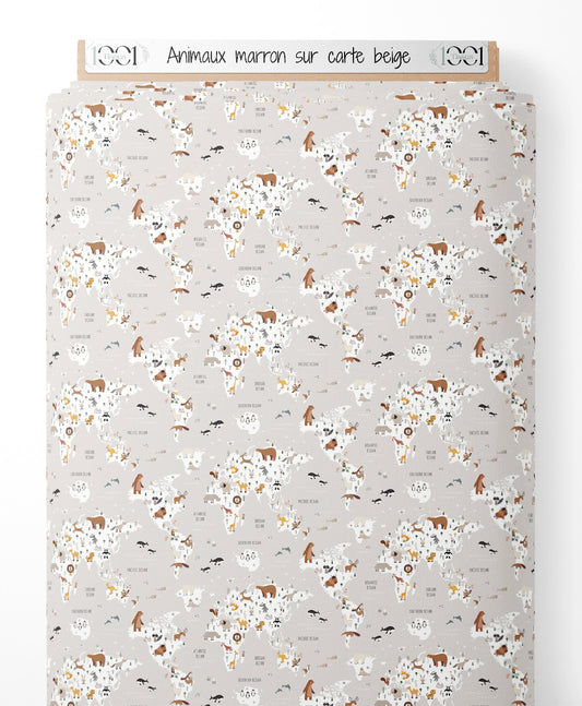 Tissu - Animaux marron sur carte beige