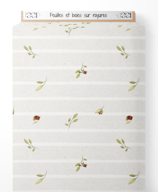 Tissu - Feuilles et baies sur rayures