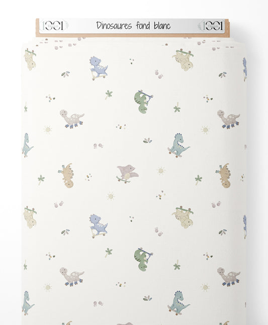 Tissu - Dinosaures sur fond blanc
