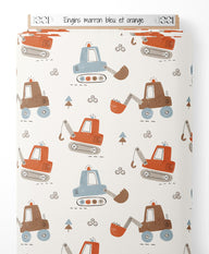 Tissu - Engins marron, bleu et orange