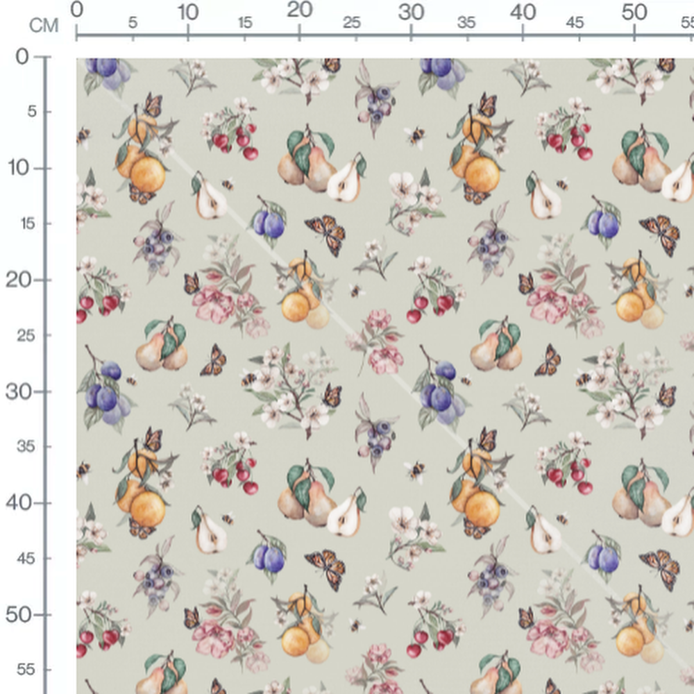 Tissu - Fruits et fleurs sur fond vert