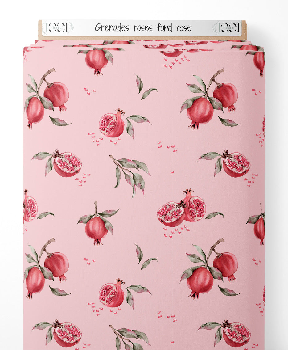 Tissu - Grenades roses sur fond rose