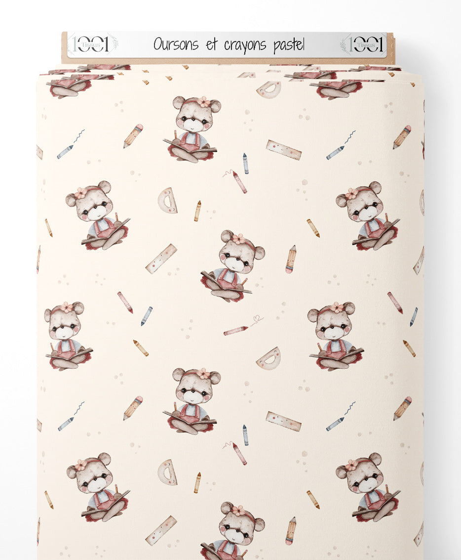 Tissu - Oursons et crayons pastel