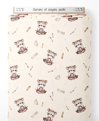 Tissu - Oursons et crayons pastel