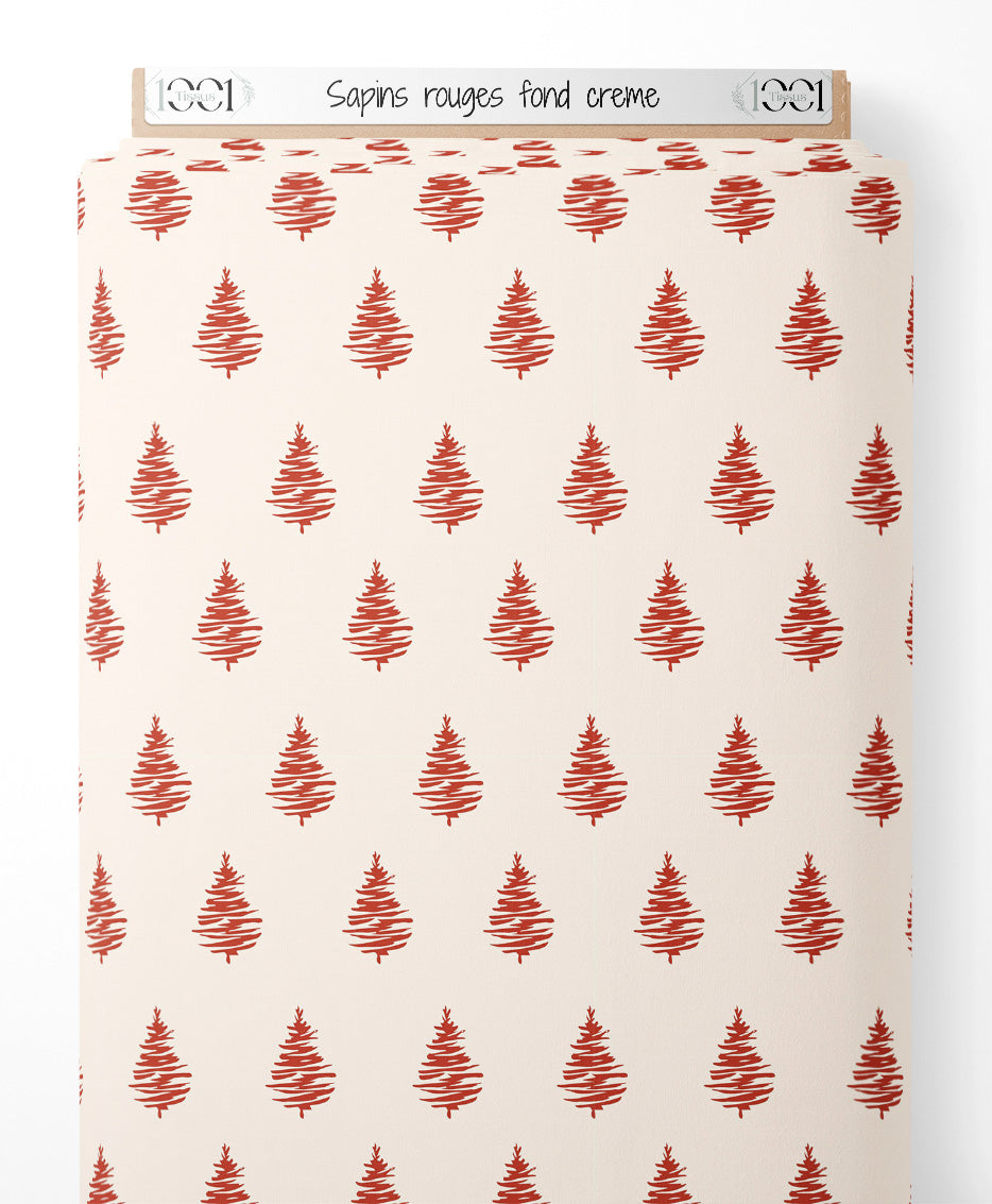 Tissu - Sapins rouges sur fond crème