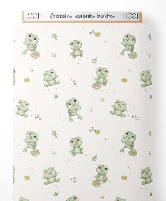 Tissu - Grenouilles souriantes blanches