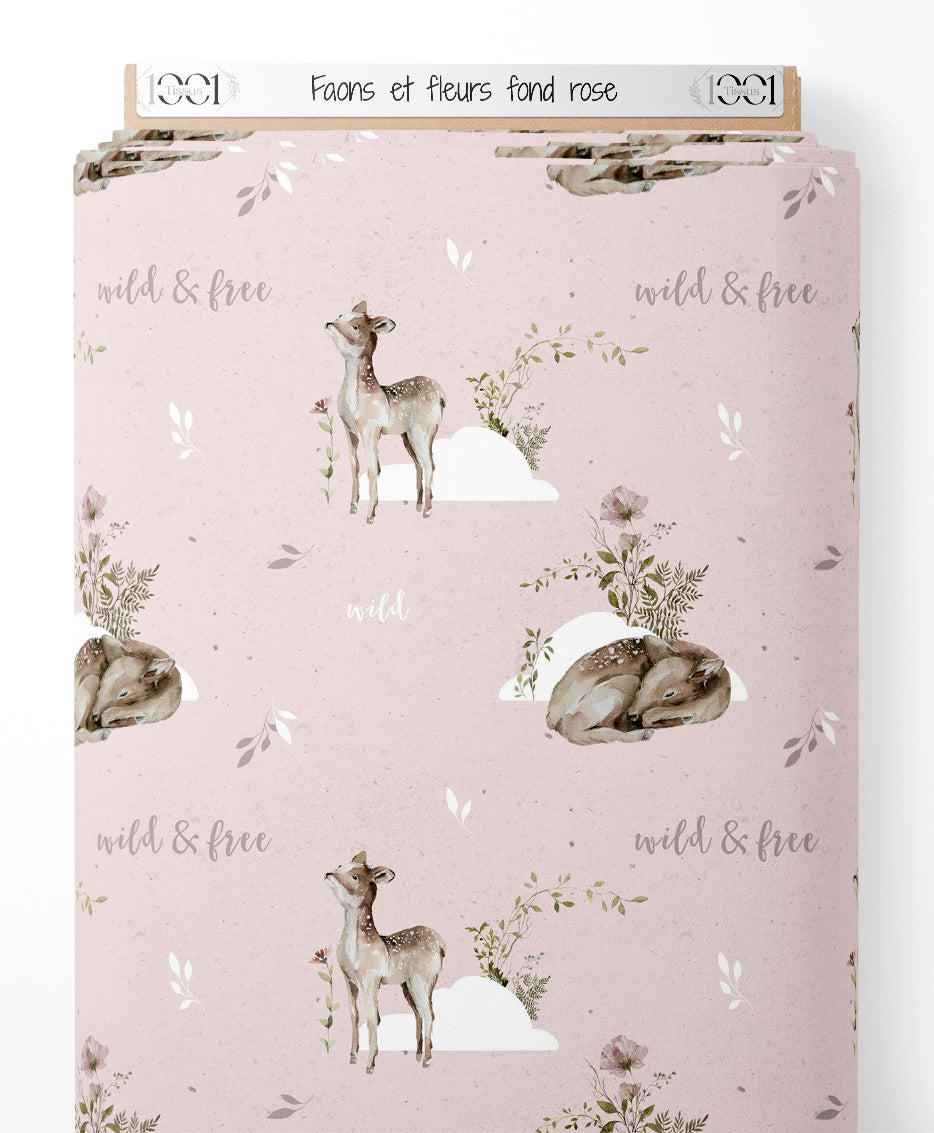 Tissu - Faons et fleurs sur fond rose