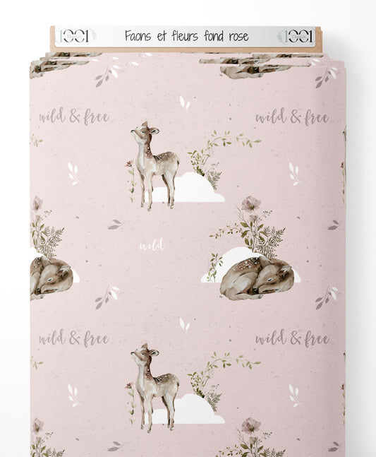 Tissu - Faons et fleurs sur fond rose
