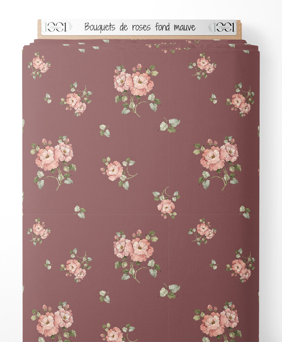 Tissu - Bouquets de roses sur fond mauve