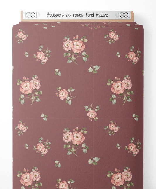 Tissu - Bouquets de roses sur fond mauve