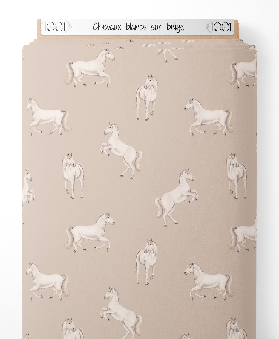 Tissu - Chevaux blancs sur beige
