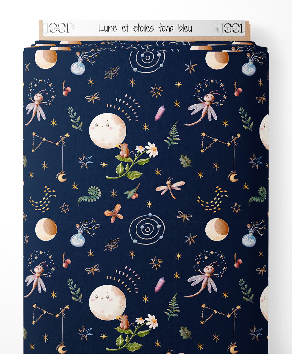 Tissu - Lune et étoiles sur fond bleu