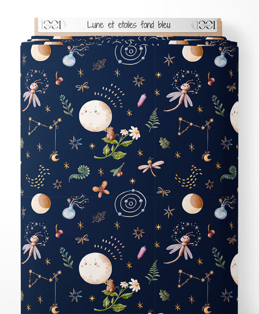 Tissu - Lune et étoiles sur fond bleu