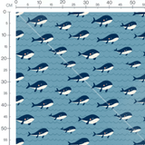 Tissu - Baleines sur vagues bleues