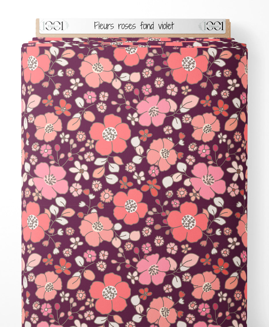 Tissu - Fleurs roses sur fond violet