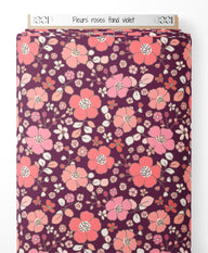 Tissu - Fleurs roses sur fond violet
