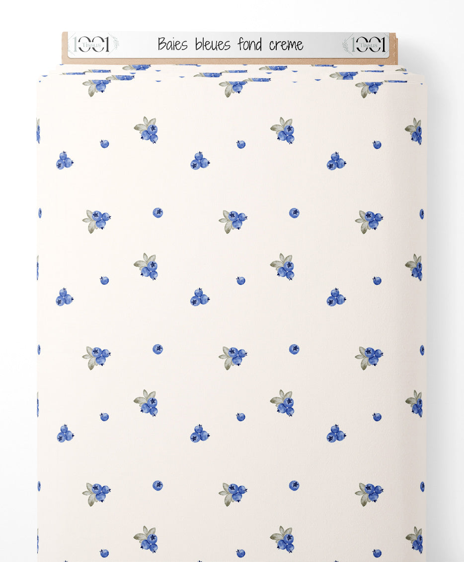 Tissu - Baies bleues sur fond crème