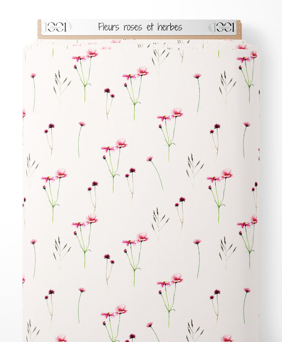 Tissu - Fleurs roses et herbes
