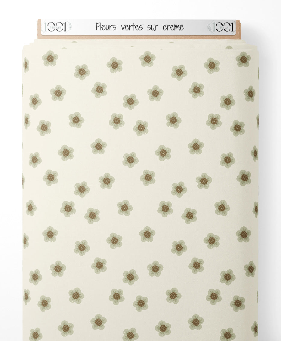 Tissu - Fleurs vertes sur crème