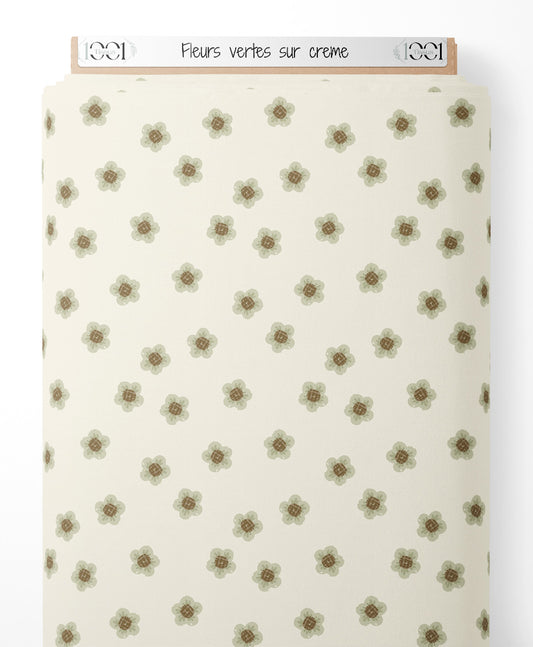 Tissu - Fleurs vertes sur crème