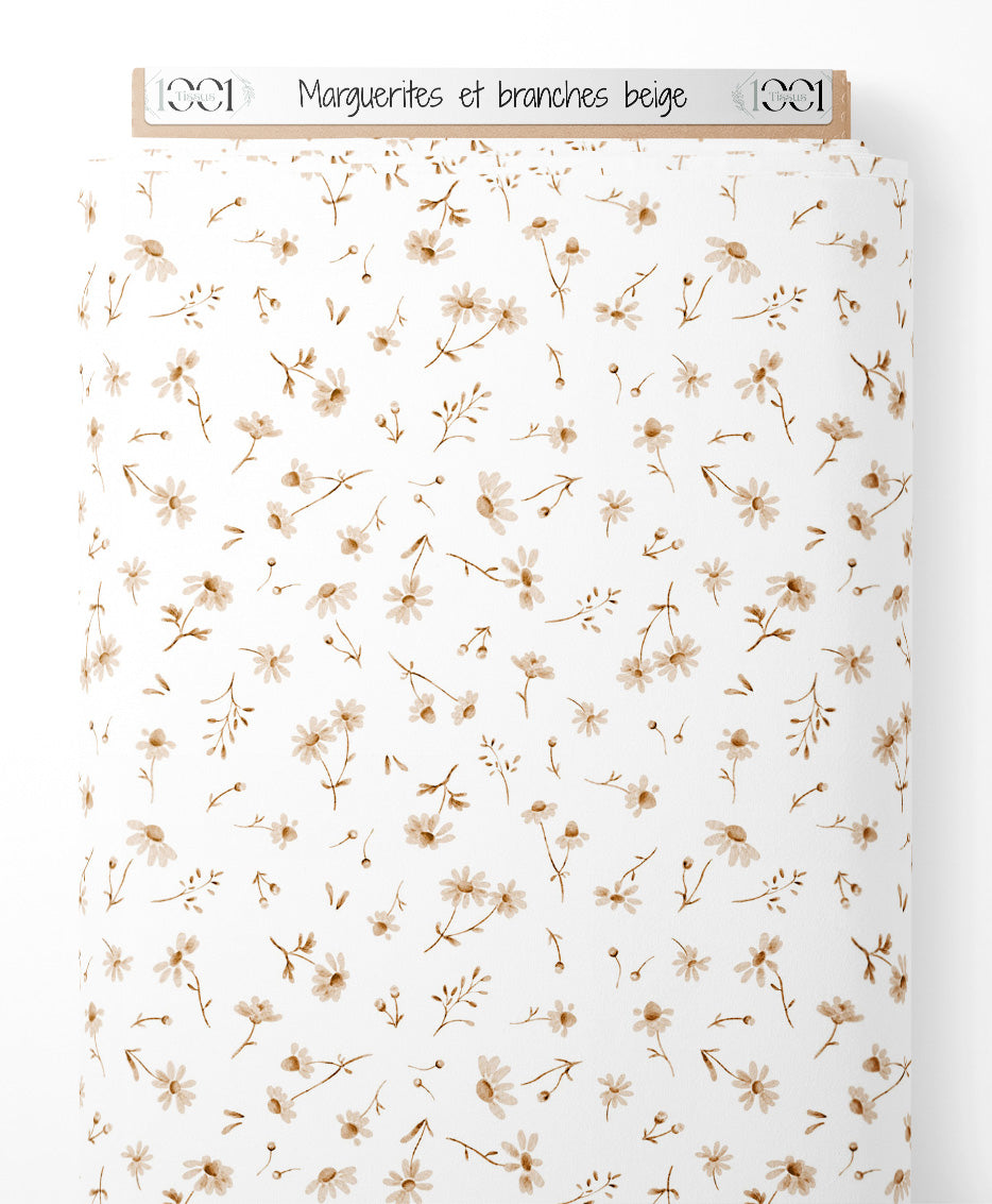Tissu - Marguerites et branches beige
