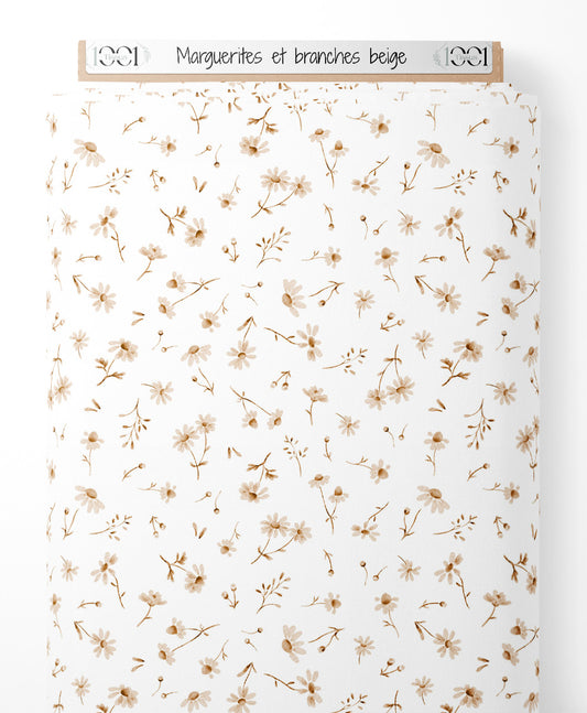 Tissu - Marguerites et branches beige