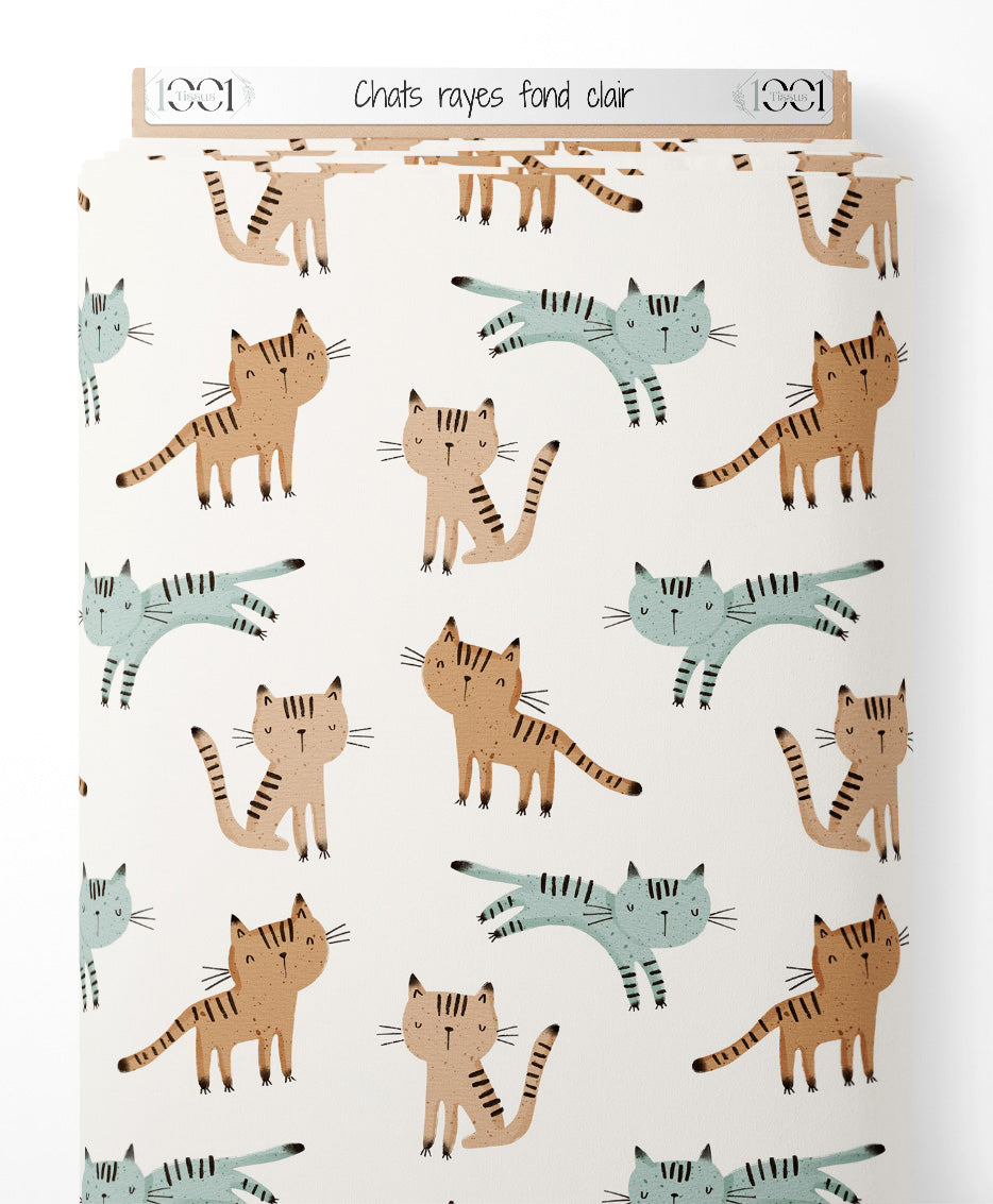 Tissu - Chats rayés sur fond clair