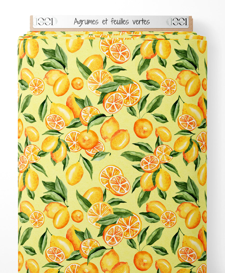 Tissu - Agrumes et feuilles vertes