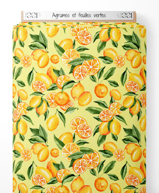 Tissu - Agrumes et feuilles vertes