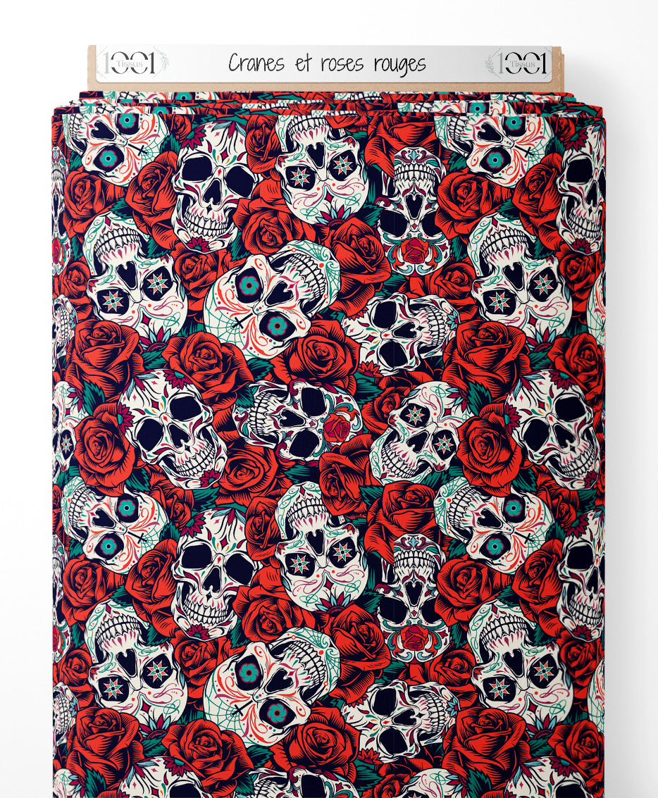 Tissu - Crânes et roses rouges