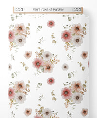 Tissu - Fleurs roses et blanches