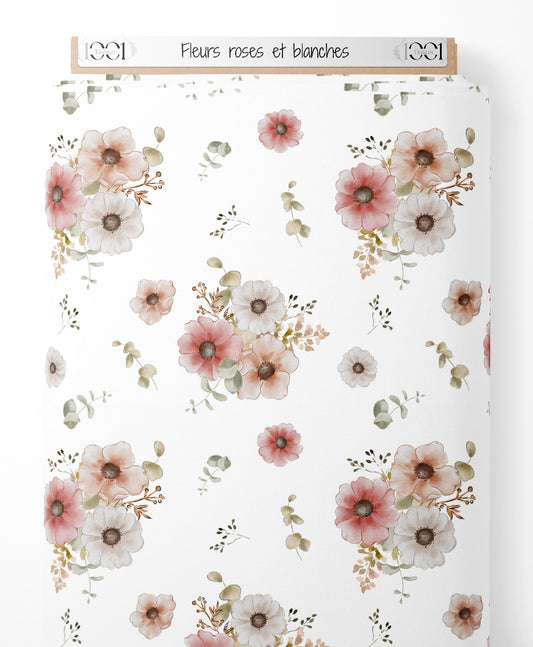 Tissu - Fleurs roses et blanches