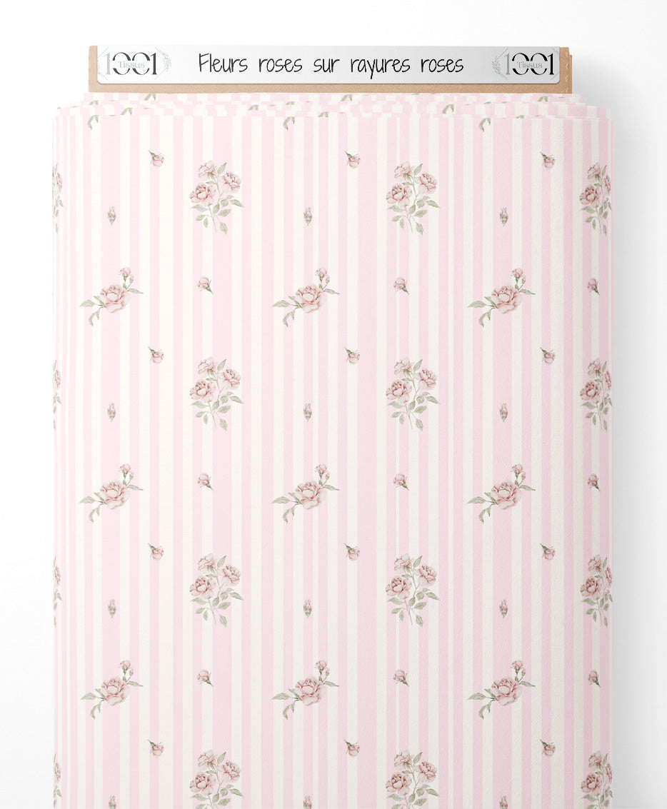Tissu - Fleurs roses sur rayures roses