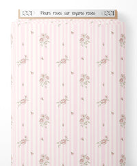 Tissu - Fleurs roses sur rayures roses