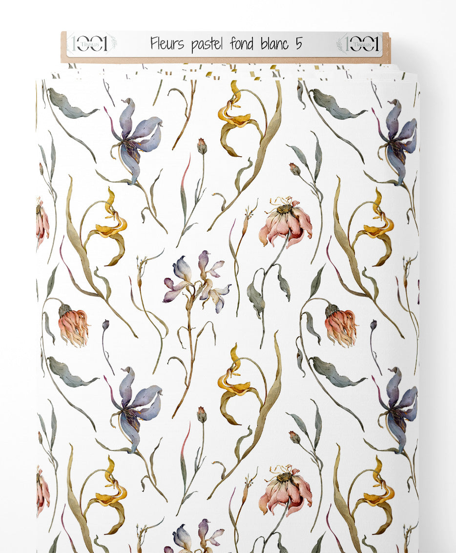 Tissu - Fleurs pastel sur fond blanc 5