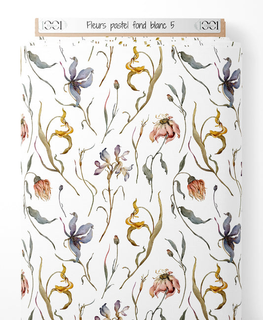 Tissu - Fleurs pastel sur fond blanc 5