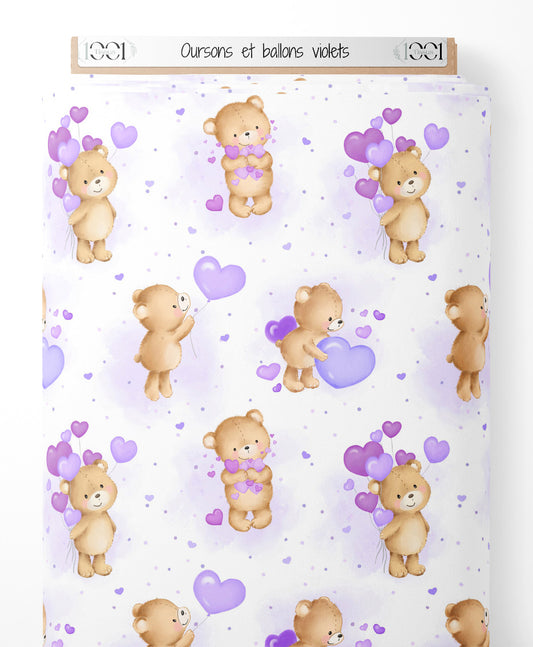 Tissu - Oursons et ballons violets