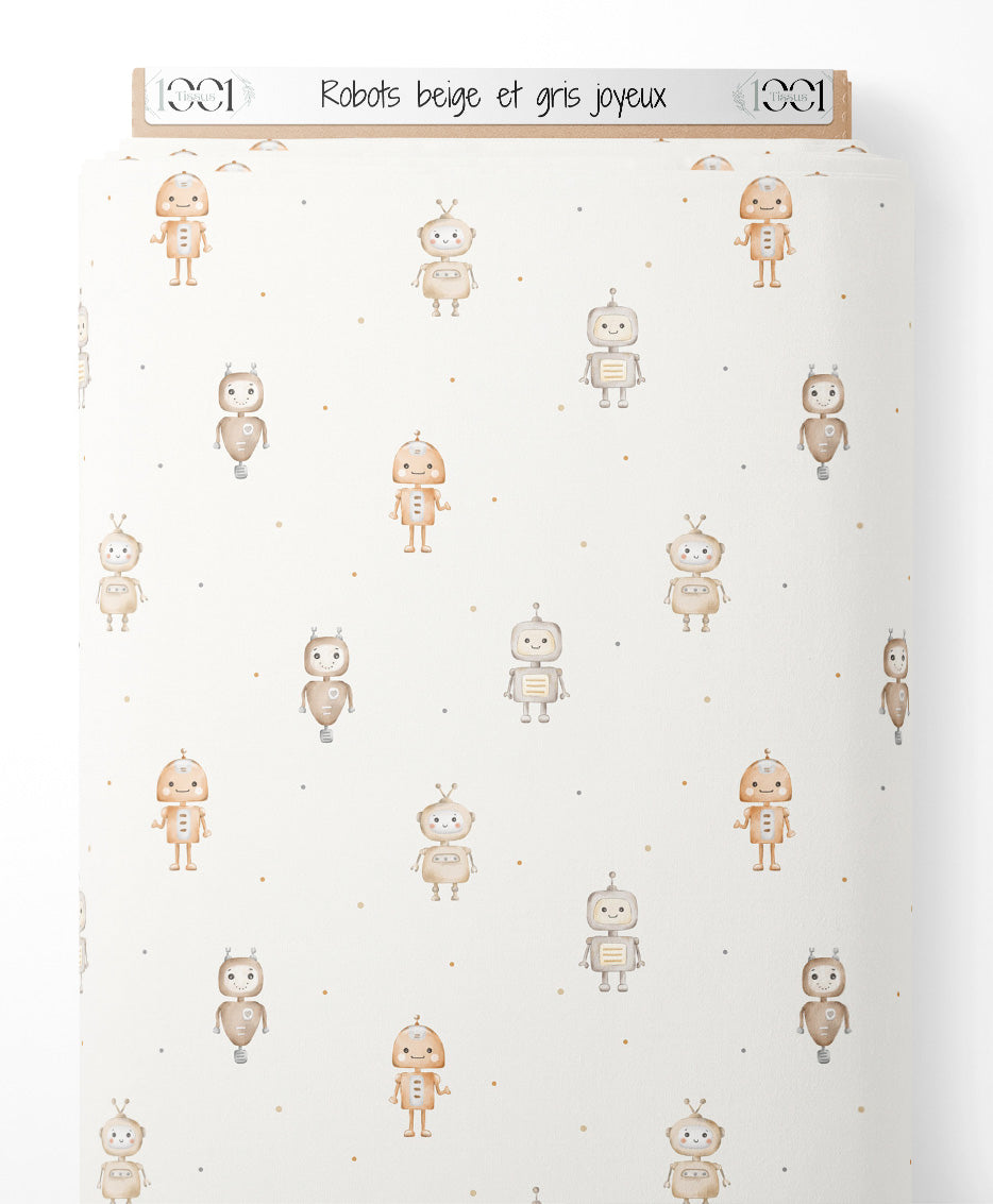 Tissu - Robots beige et gris joyeux