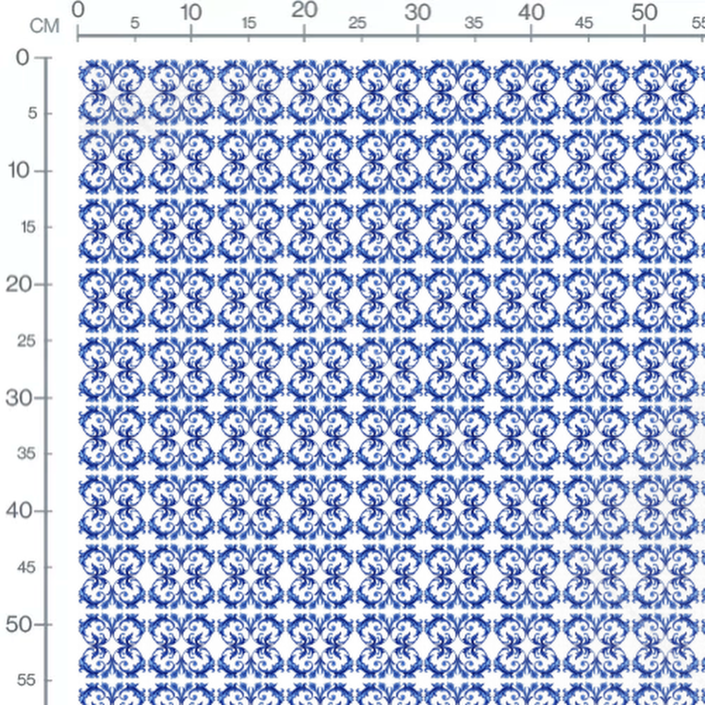 Tissu - Arabesques bleues sur blanc