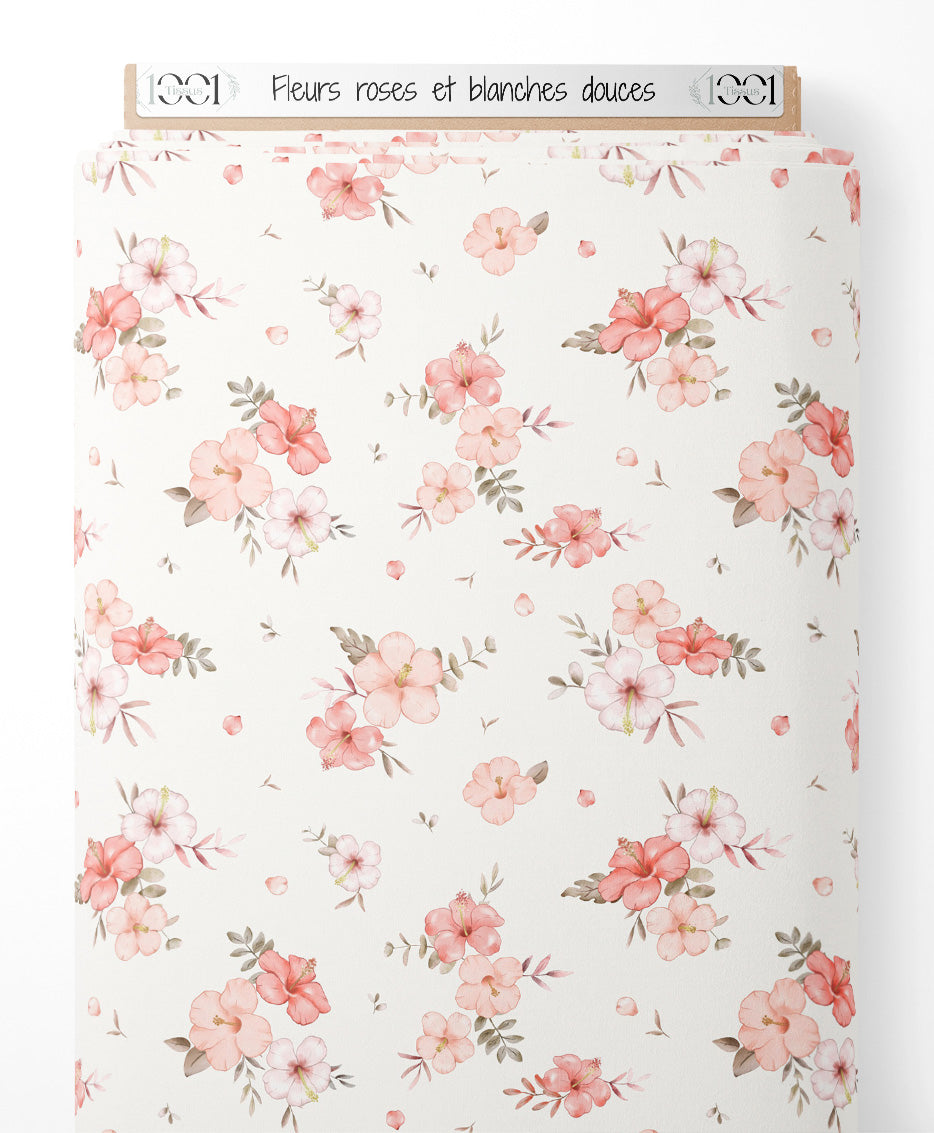 Tissu - Fleurs roses et blanches douces