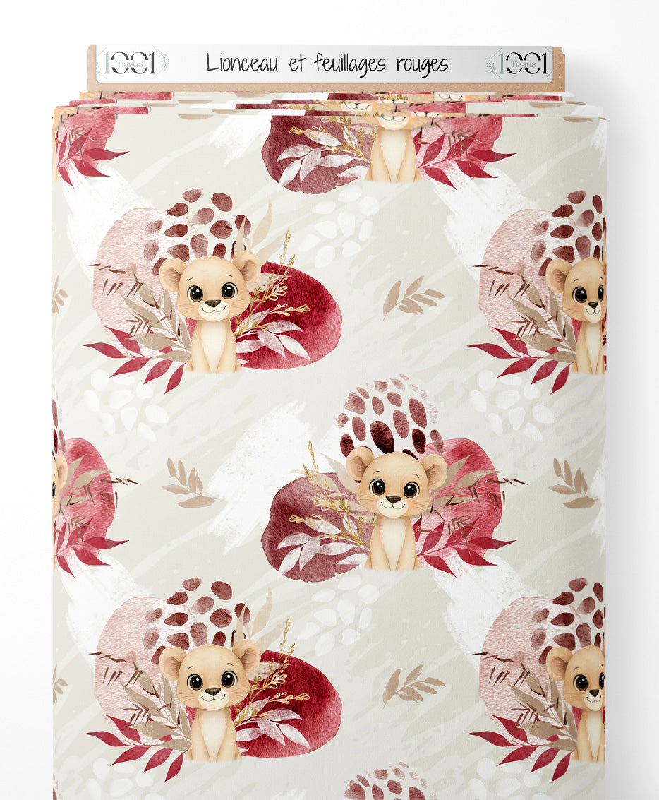 Tissu - Lionceau et feuillages rouges