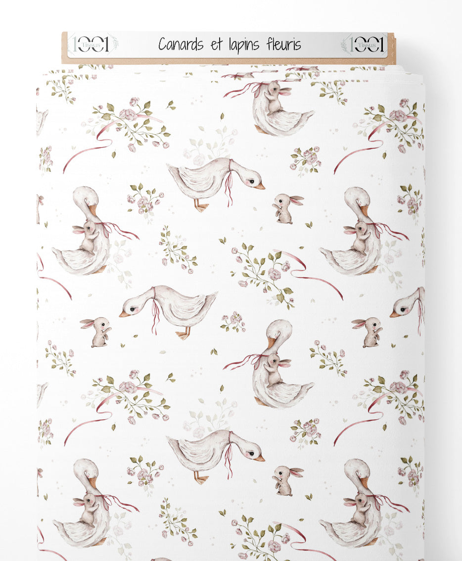 Tissu - Canards et lapins fleuris
