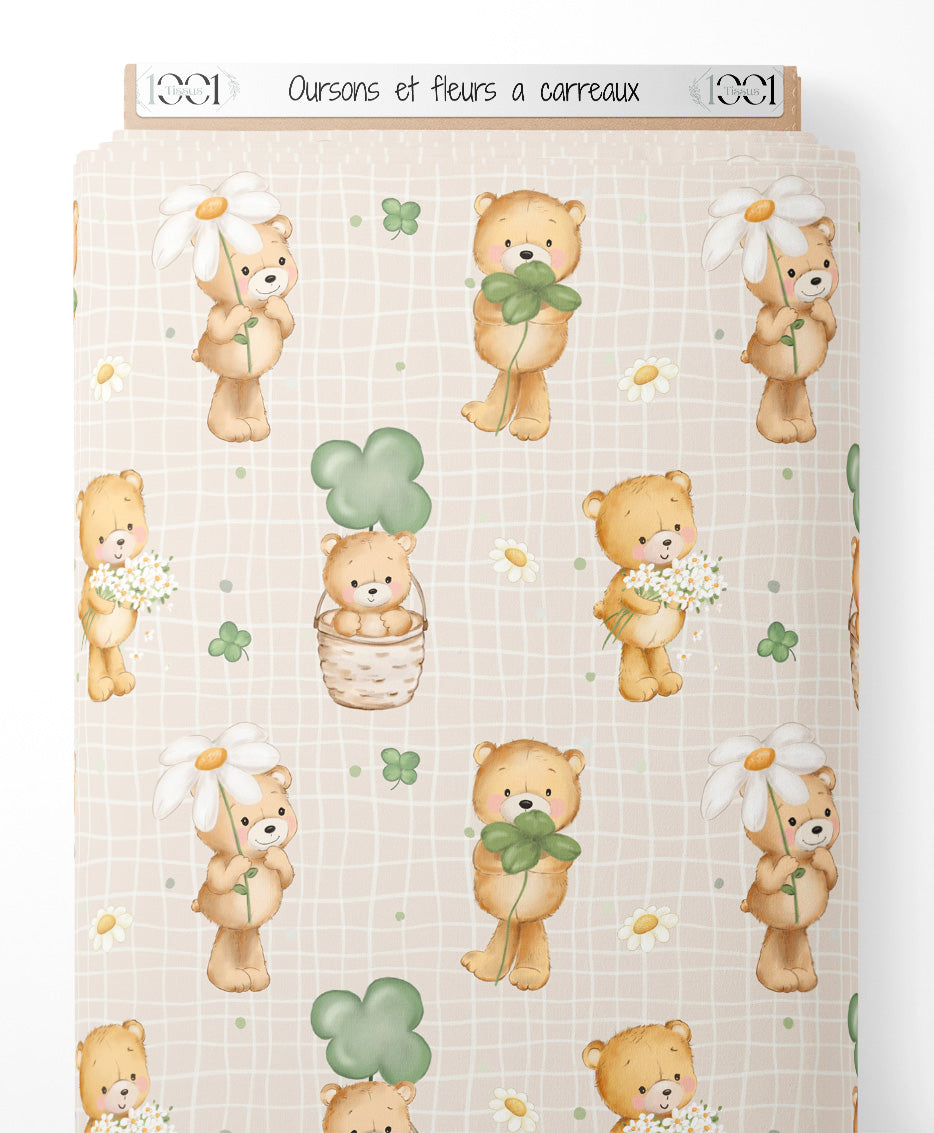Tissu - Oursons et fleurs à carreaux
