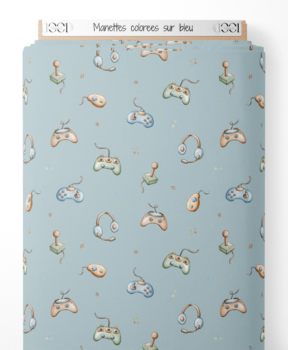 Tissu - Manettes colorées sur bleu